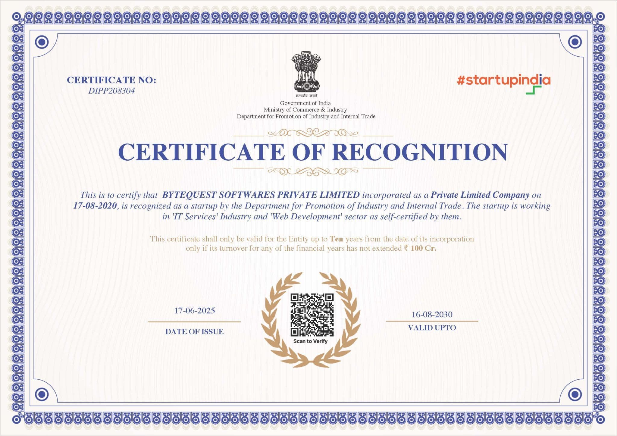 ByteQuest Softwares Achieves DPIIT Startup India Certification | Recognized Indian Tech Startup